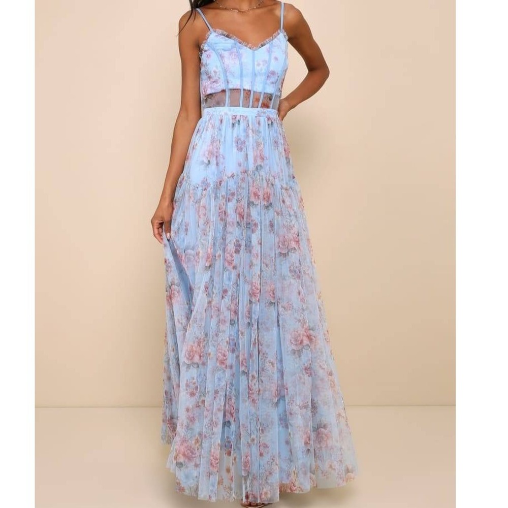 Lulus Womens Sultry Luxury Blue Floral Print Mesh Tiered Bustier Maxi Dress Prom
